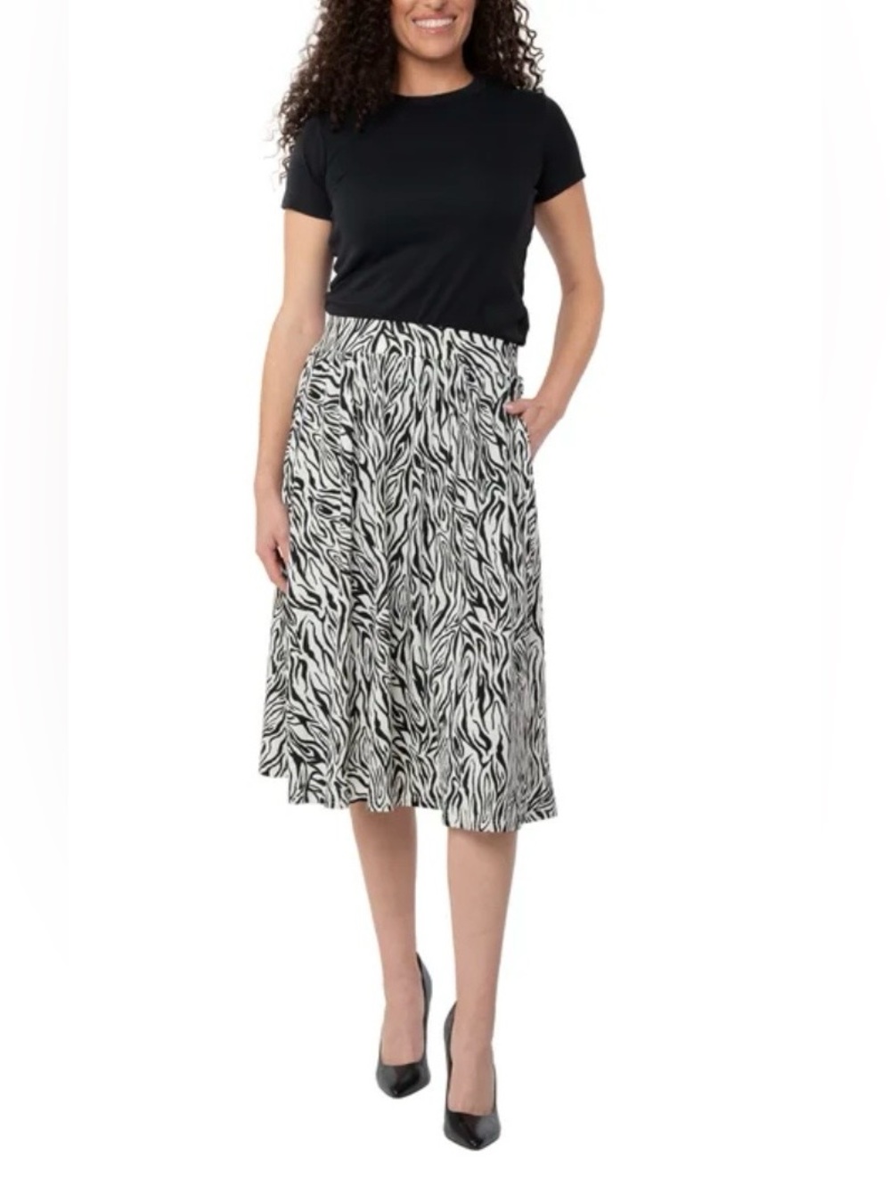 LEOTA ZEBRA PULL ON MIDI FLARE SKIRT MEDIUM SIZE ELASTIC WAISTBAND POCKETS